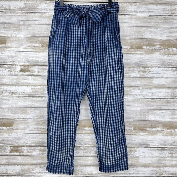 ANTHROPOLOGIE Maeve Avryl Blue Plaid Bleached Slim Paper Bag Pants Size 2 - Picture 1 of 16